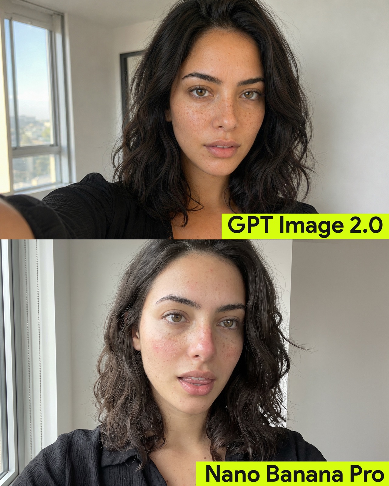 GPT Image 2 vs Nano Banana Pro side-by-side selfie comparison showing photorealism differences between OpenAI's GPT Image 2.0 (top) and Google DeepMind's Nano Banana Pro (bottom)